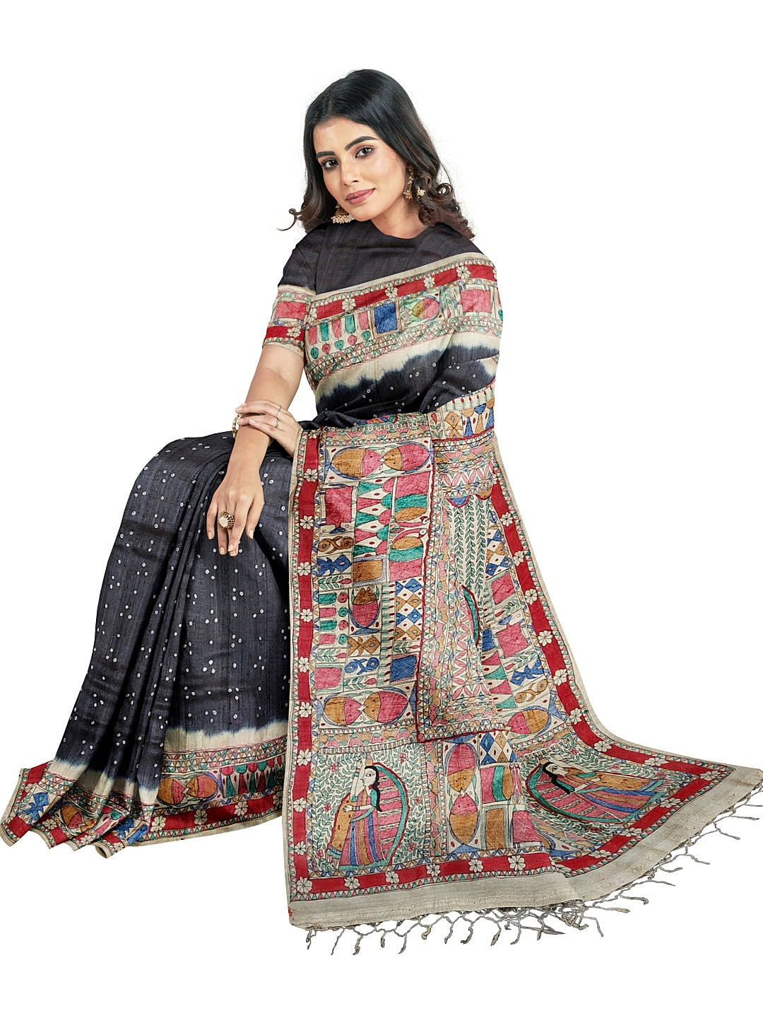 Handpainted Madhubani Saree on Tussar Munga Silk – Godhna Style with Bandhani Fusion